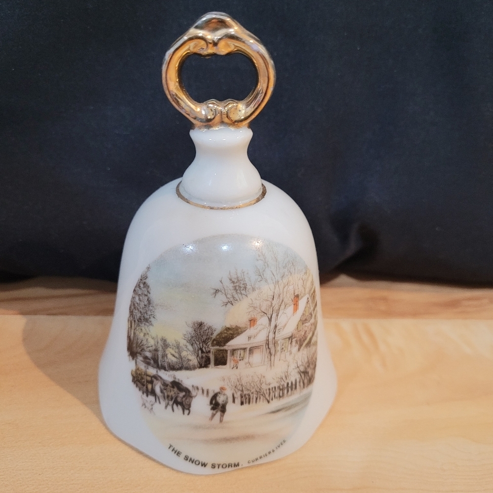 2/$20 Currier & Ives "The Snow Storm" Decorative Ceramic Bell with Gold Handle
